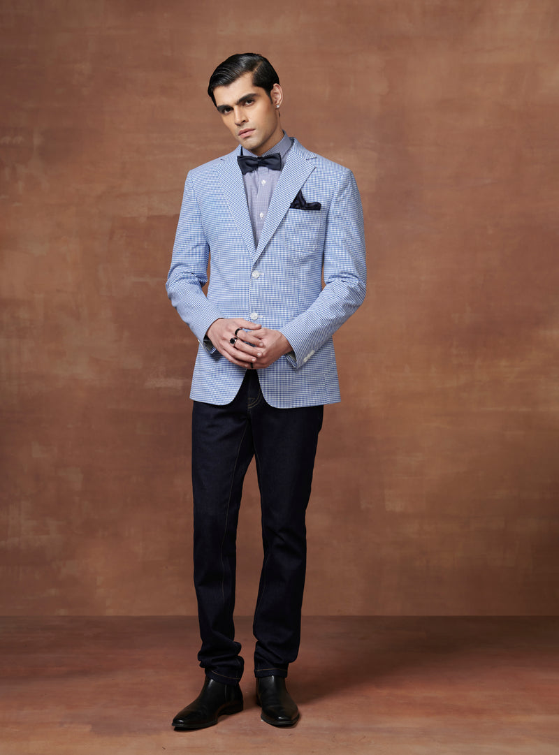 LIGHT BLUE AND WHITE CHECK TUXEDO JACKET