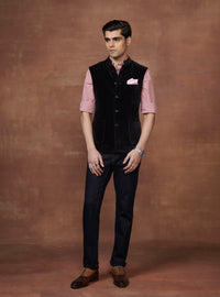 BLACK VELOUR WAISTCOAT WITH PIPED ALLURE