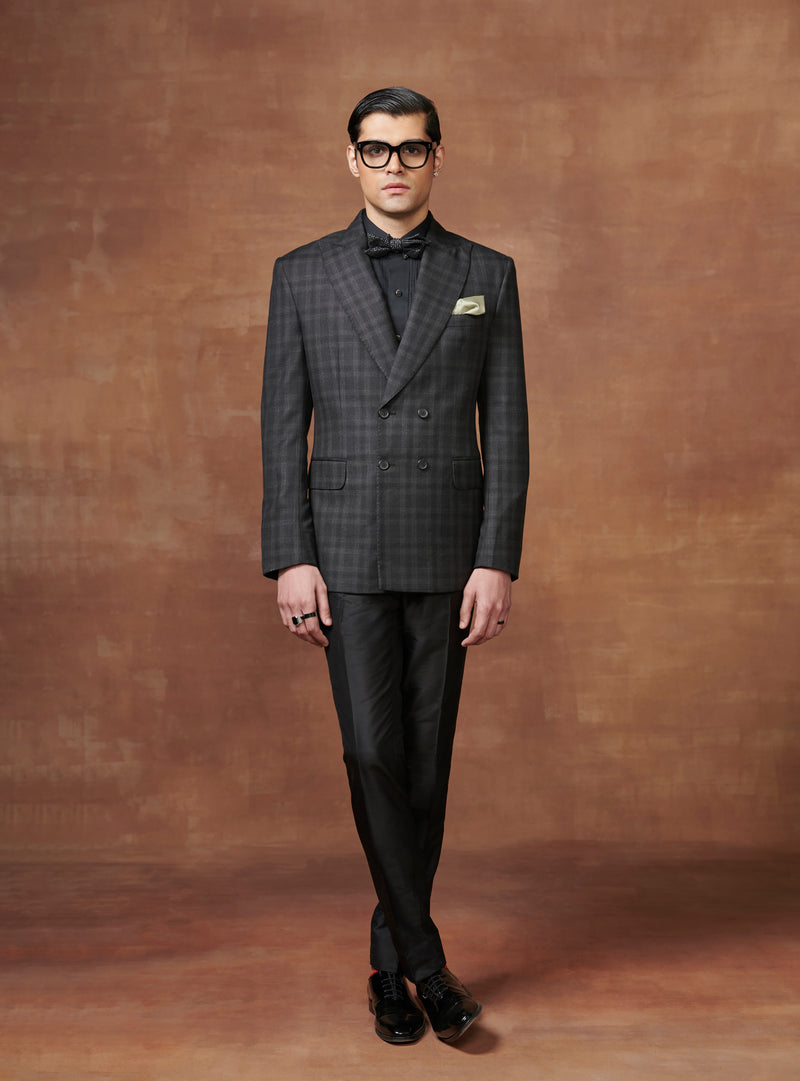 CLASSIC WOOLEN CHECKERED DOUBLE-BREASTED TUXEDO JACKET