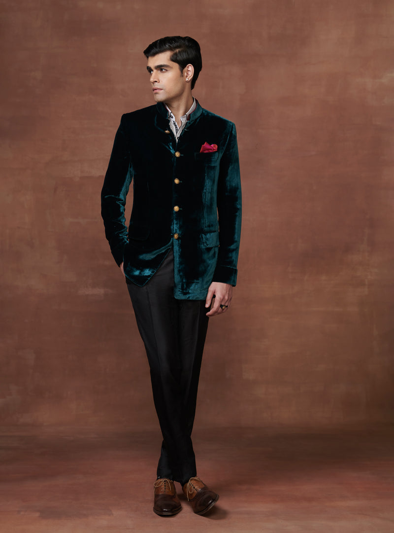 EMERALD ELEGANCE HANDMADE VELVET BANDHGALA JACKET