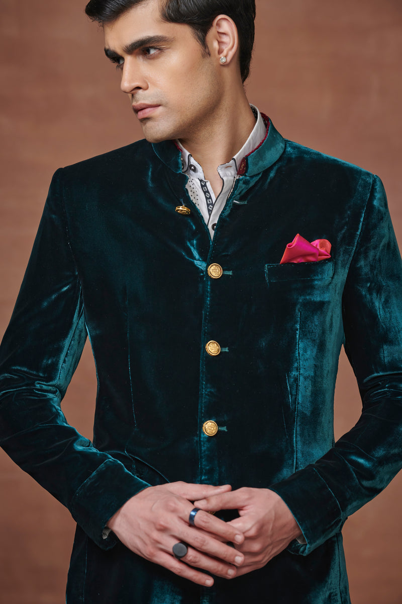 EMERALD ELEGANCE HANDMADE VELVET BANDHGALA JACKET