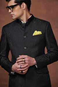 ELEGANT EXCELLENCE THE BLACK TEXTURED VELVET BANDHGALA