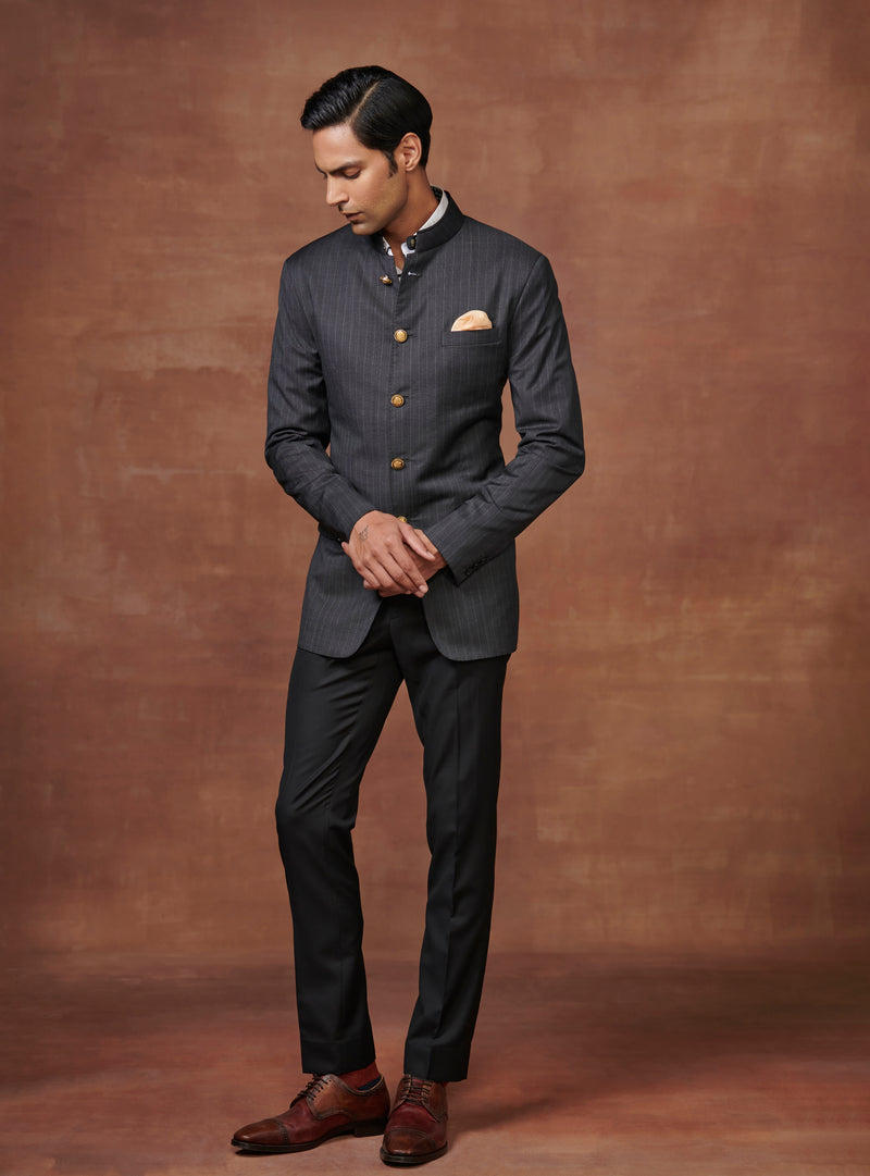 STRIPED NOIR BANDHGALA SUIT