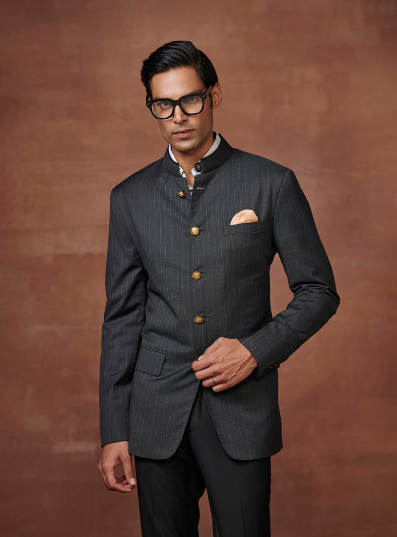 STRIPED NOIR BANDHGALA SUIT