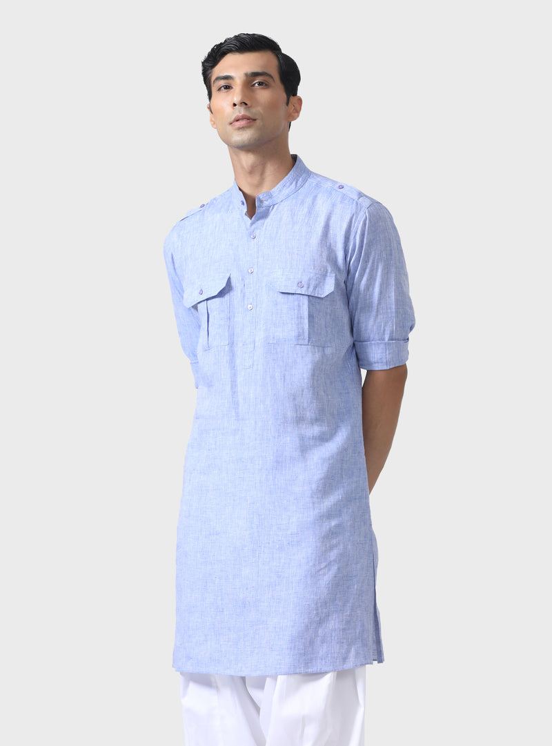 REGAL COMFORT LIGHT BLUE LINEN KURTA WITH PINTUCK DETAIL