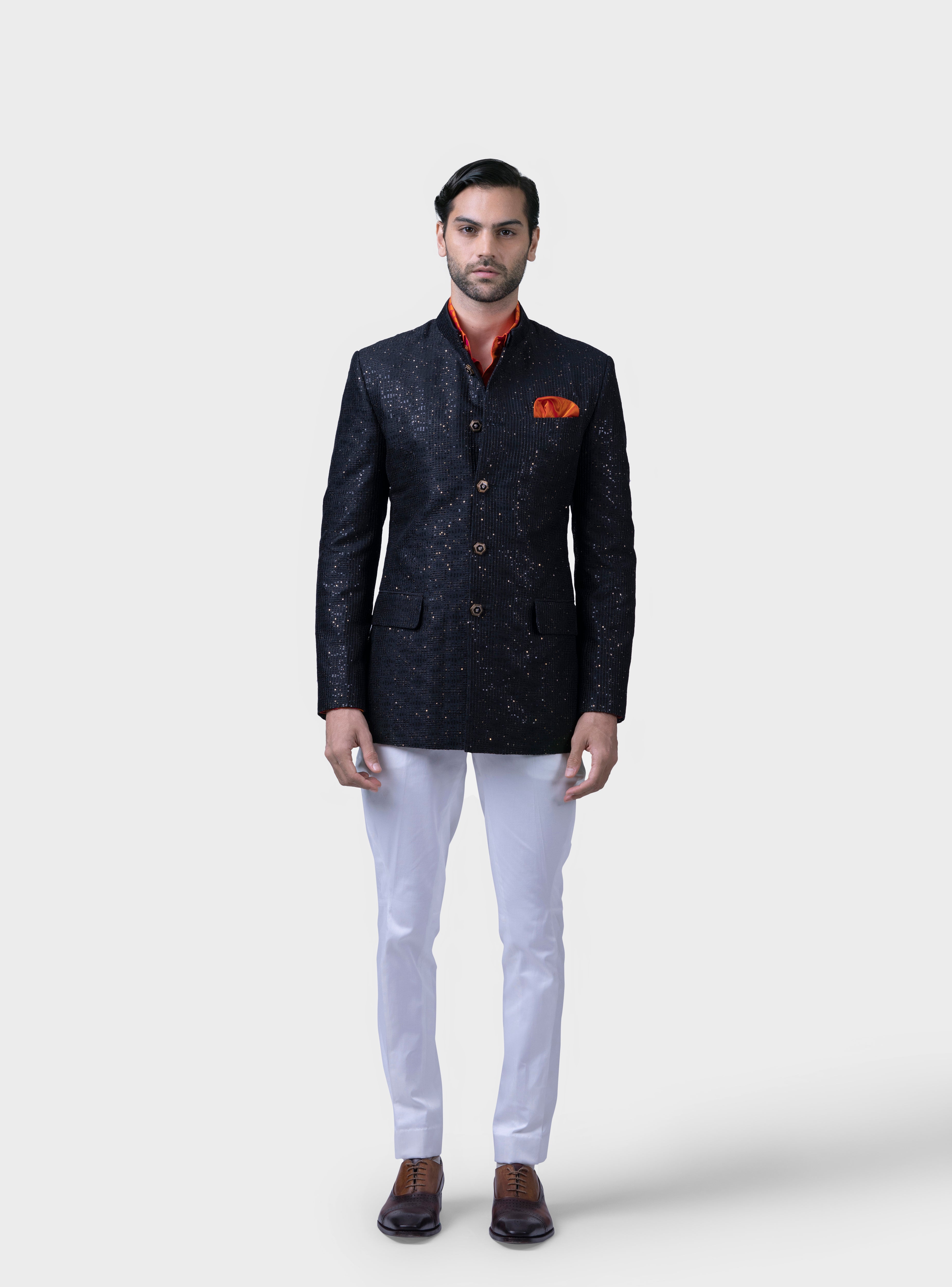 Black Matka silk Jodhpuri Jacket with Velvet Detailing - Rohit Kamra -  30Shades