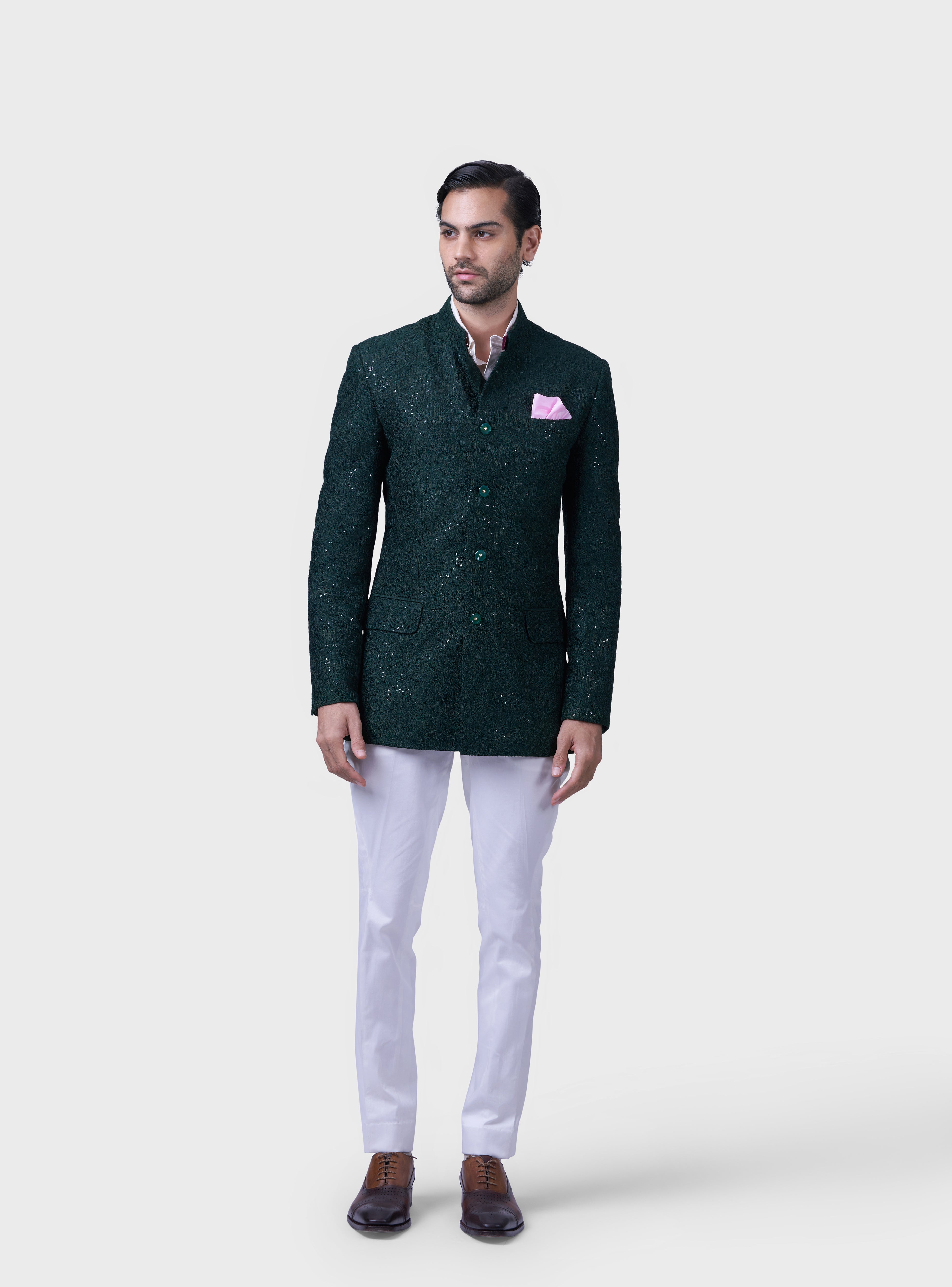 Black Textured Fabric Embroidered & Printed Jodhpuri Jacket Set Design by  AVEGA at Pernia's Pop Up Shop 2024