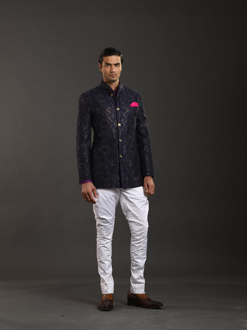 BLUE SILK BANDHGALA JACKET