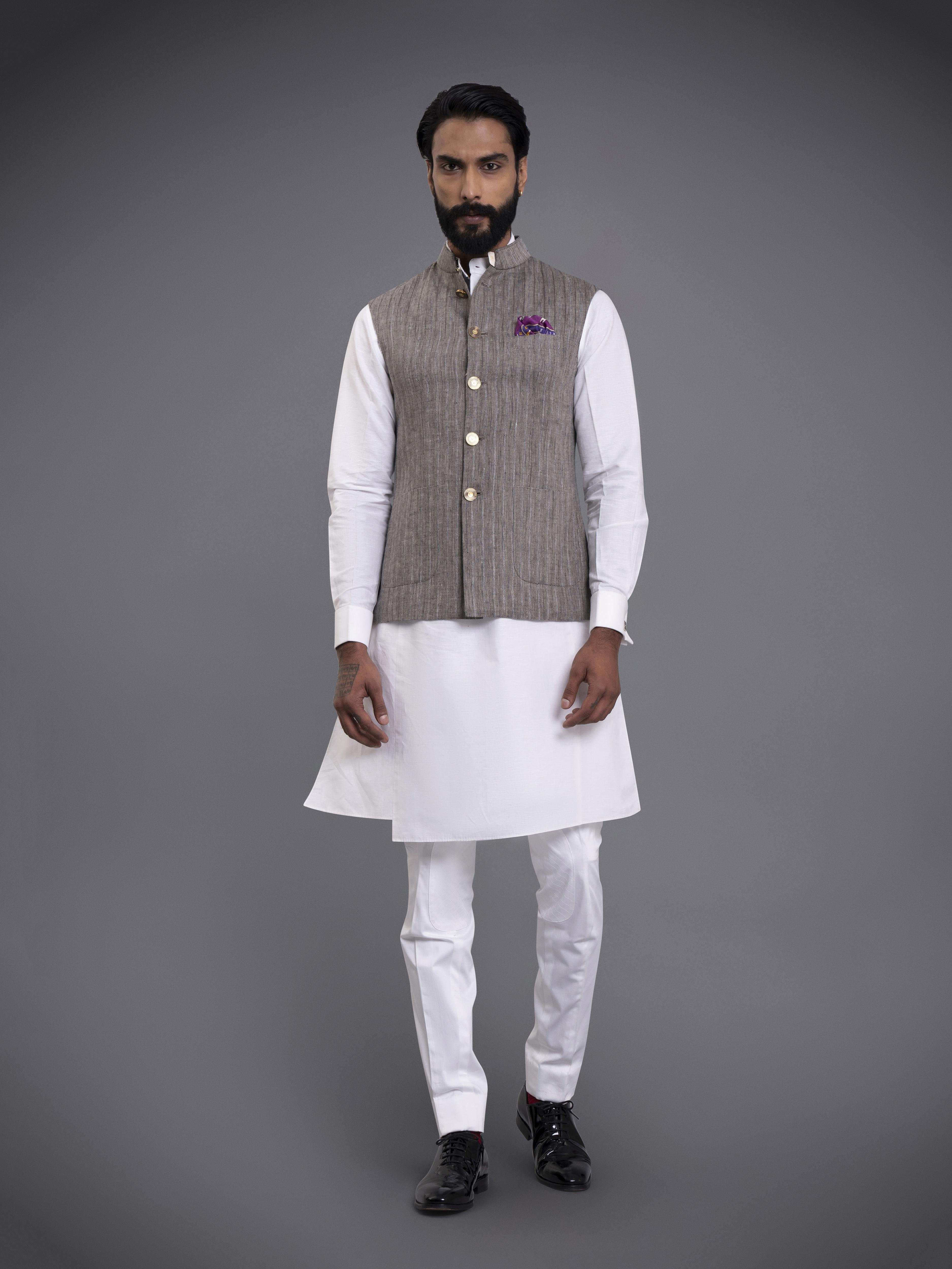 White kurta with grey on sale waistcoat