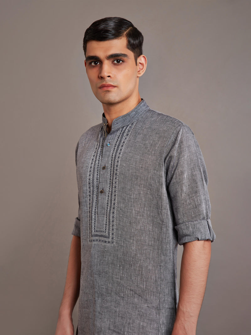 GREY LINEN SILK KURTA