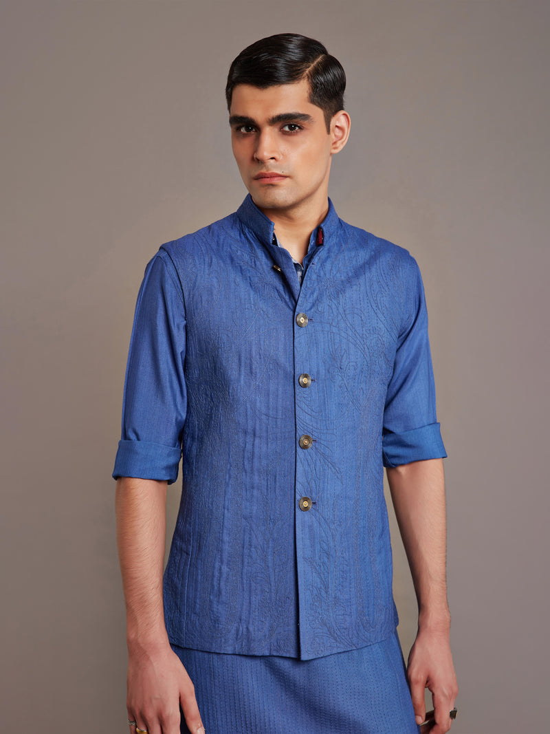 BLUE TUSSAR SILK WAISTCOAT