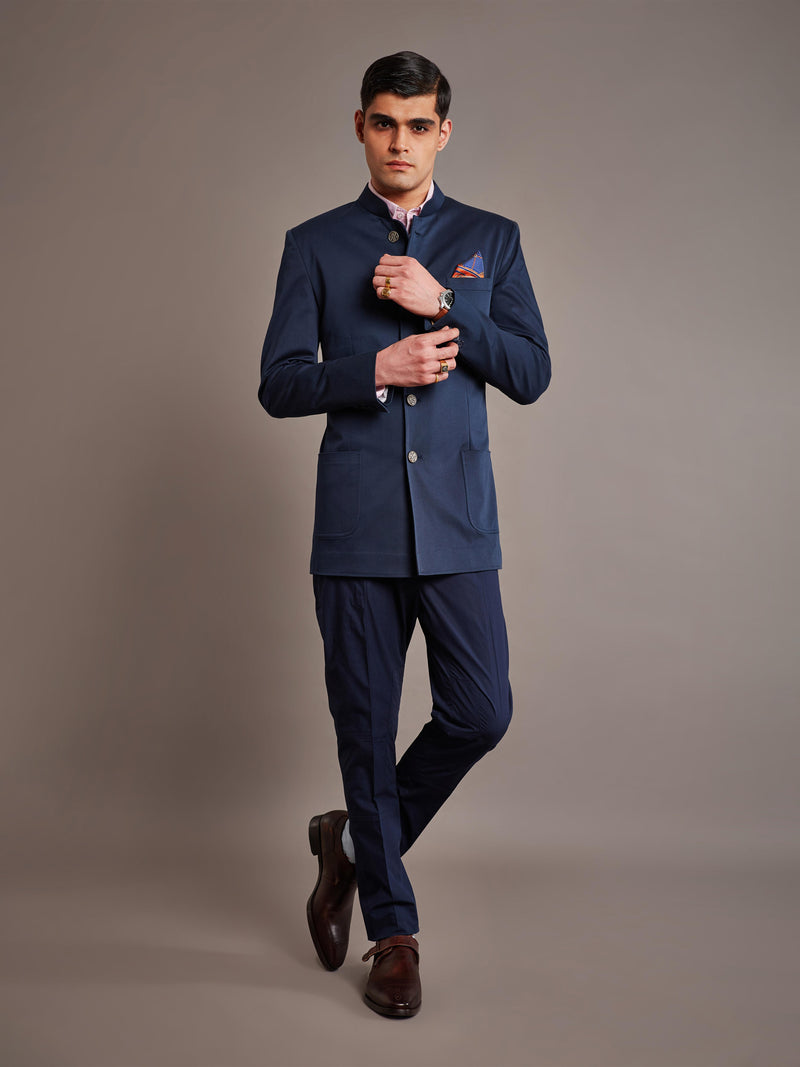 BLUE COTTON WOOL BANDHGALA JACKET