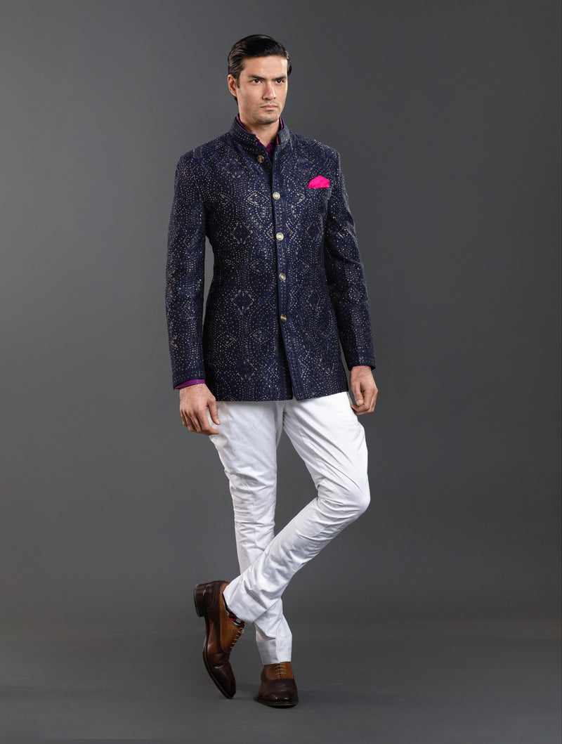 BLUE SILK BANDHGALA JACKET